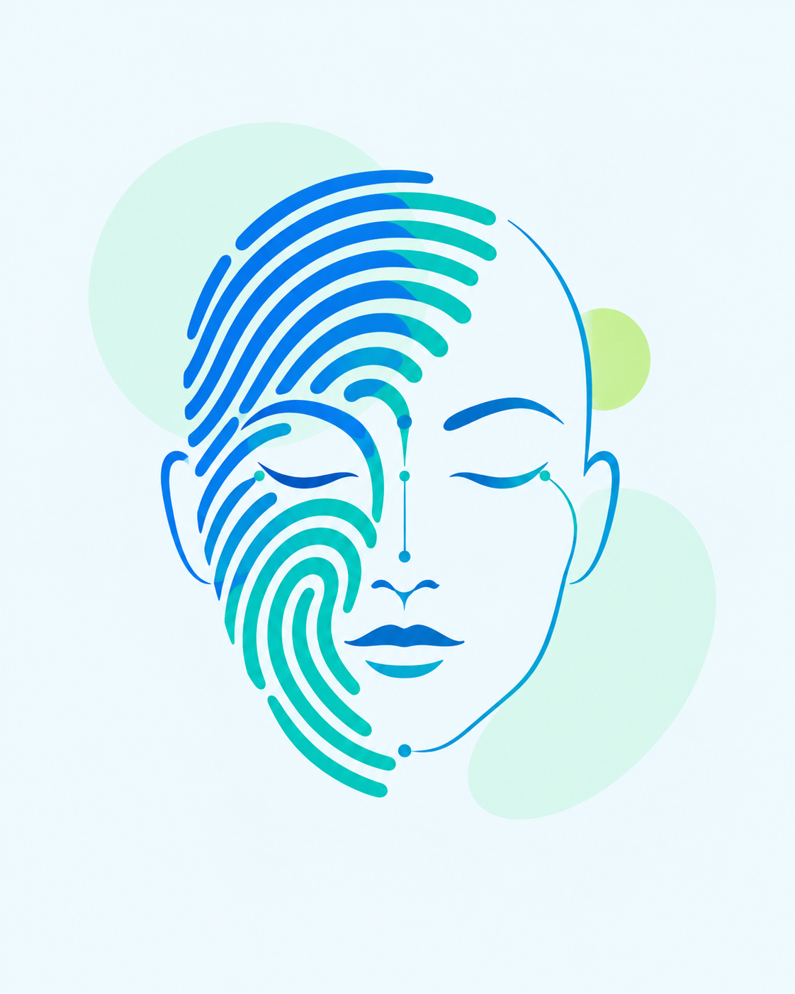 Impressão digital em azul e verde integrada a um contorno facial com pontos de reconhecimento biométrico.